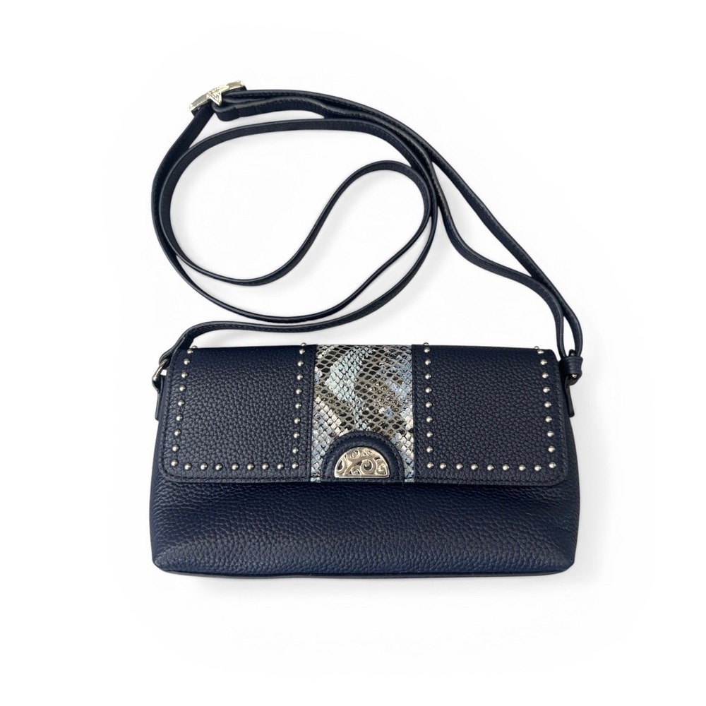 Brighton Navy Blue Pebbled Leather Studded Snakeskin Pretty Tough Mini Crossbody